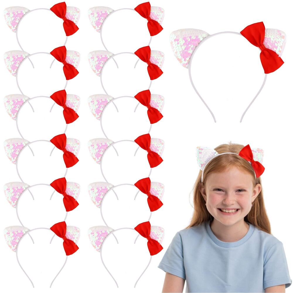 8061 12Pcs Cat Ears Headbands Party Decorations Red Bow Kitty Sequin Hair